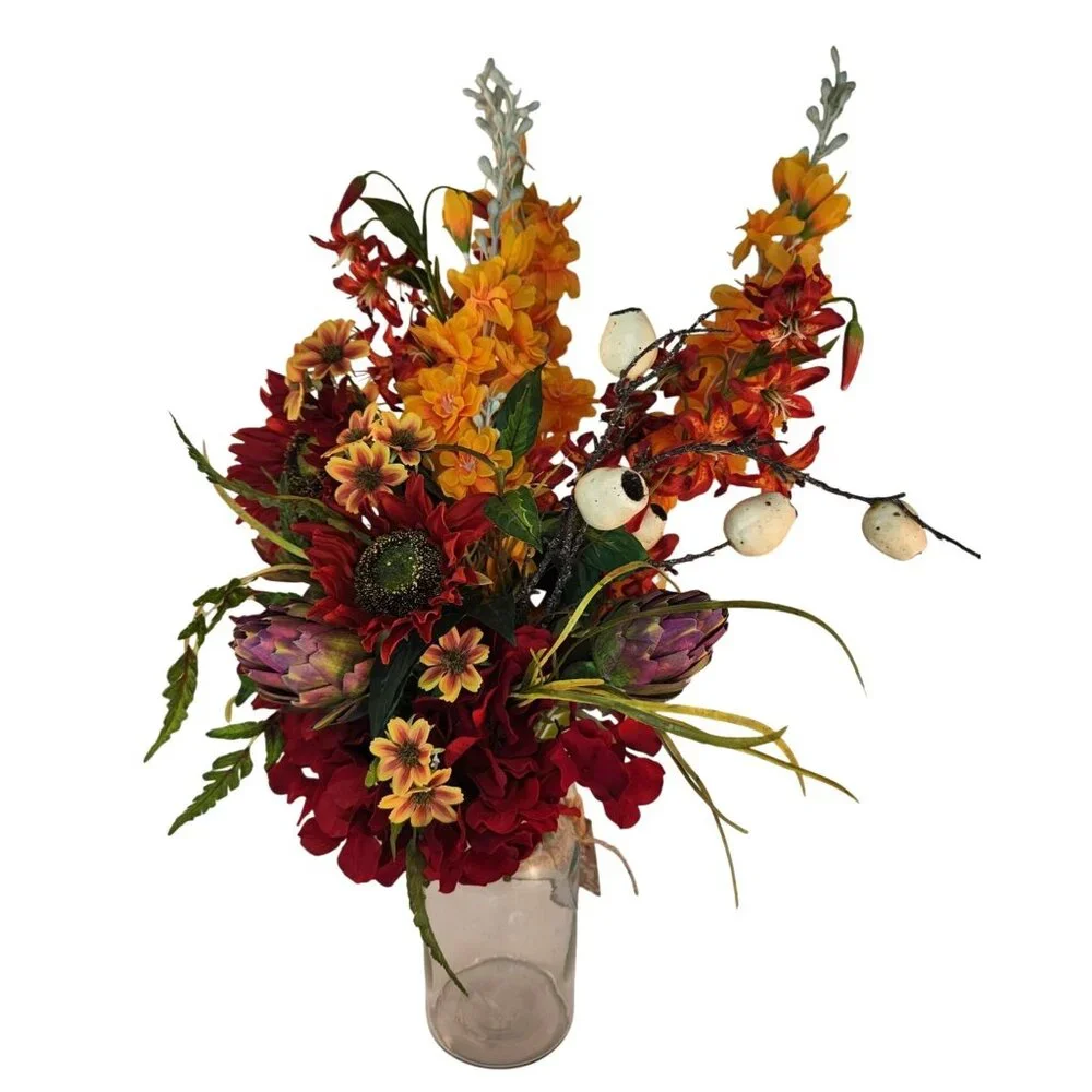 Artificial Floral Arrangement Bouquet - Fall Colors Red Yellow & Textured Accent